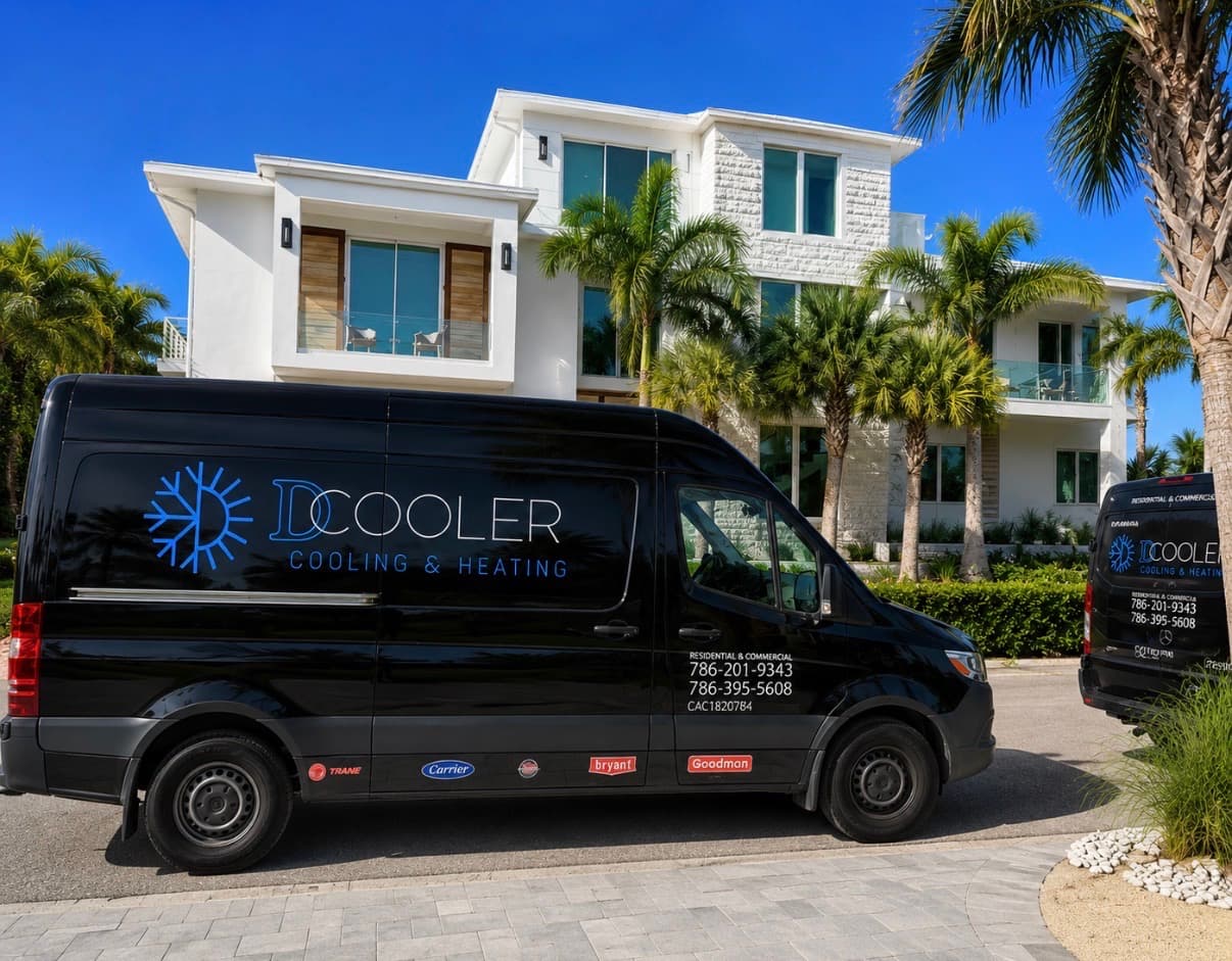 D'Cooler Cooling & Heating service van outside a South Florida home